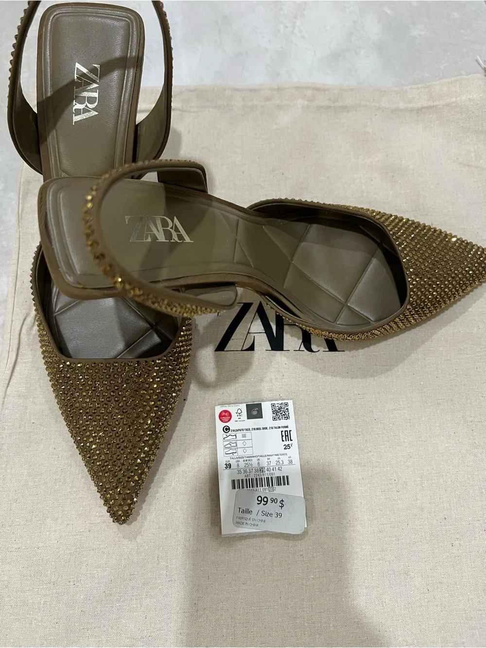 ZARA Brown Gold-Tone Crystal Pointed Slingback Heels ONLY WORN ONCE! - Picture 2 of 5